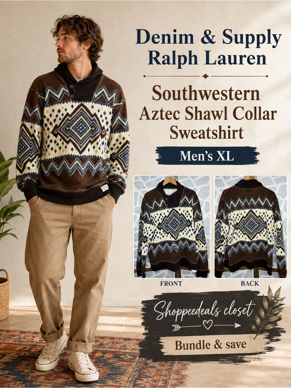 Denim & Supply Ralph Lauren Southwestern Aztec Shawl Collar Sweatshirt Men’s XL